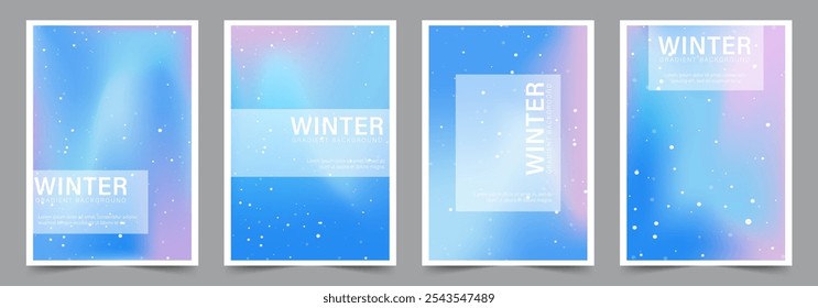 Fondo de invierno pastel degradado. Afiches de aura iridiscente. Conjunto de Anuncios de neón de moda para las redes sociales. Fondo de pantalla desenfocado mínimo con copos de nieve. Ilustración vectorial de moda.