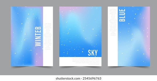 Fondo de invierno pastel degradado. Afiches de aura iridiscente. Conjunto de Anuncios de neón de moda para las redes sociales. Fondo de pantalla desenfocado mínimo con copos de nieve. Ilustración vectorial de moda.