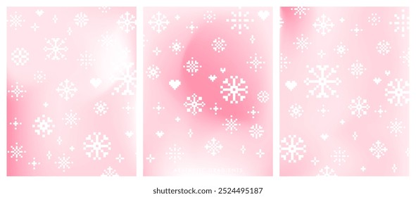 Fondo de invierno pastel degradado. Conjunto de póster minimalista. Patrón de copo de nieve en el arte del pixel. Anuncio de Vector de Vertical de colores rosados pastel de la estación de invierno. Tarjeta de diseño de gradiente de cielo borroso, saludos de vacaciones