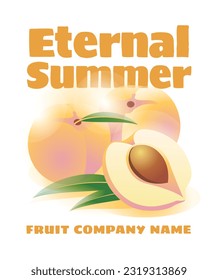 Gradient peaches on white background with large text. Advertisement of healthy food, summer, harvest season