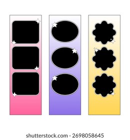 Gradient photobooth strips in three shapes: square, oval, and star-effect. Ideal for scrapbook, planners, and photo collages.