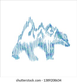 Gradient picture with a walking bear, on his back are mountains. The illustration is hand-made shading.