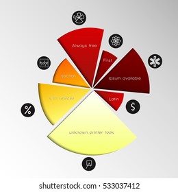 Gradient pie chart with the cut pieces and description of each part in black circles vector illustration