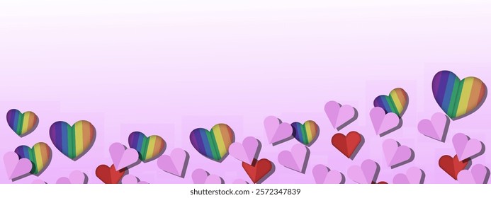 A gradient pink background with scattered hearts in rainbow, purple, and red tones, creating a cheerful and inclusive design representing love and diversity.