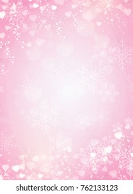Gradient pink background with snow, snowflake and hearts border