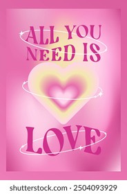 gradient pink background Valentine's day card with typography curved words and heart