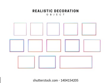 Gradient pink and blue geometric shapes. Decorative design elements isolated white background. 3d objects shaped linear rectangle, square, frame border. Realistic vector illustration.