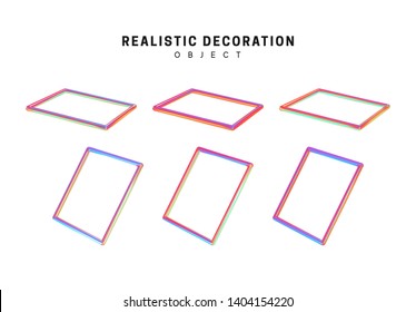 Gradient pink and blue geometric shapes. Decorative design elements isolated white background. 3d objects shaped linear rectangle, square, frame border. Realistic vector illustration.