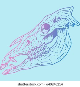 gradient pink blue skull of a cow on a blue background, for printing on T-shirts, website design element, tattoo salon mobile application, vector graphics, pinpoint work sketch