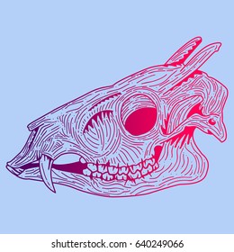 gradient pink blue skull of a deer on a blue background, for printing on T-shirts, website design element, tattoo salon mobile application, vector graphics, pinpoint work sketch