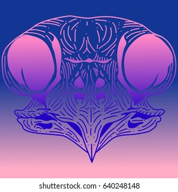 Gradient pink blue skull of a owl on a blue background, for printing on T-shirts, website design element, tattoo salon mobile application, vector graphics, pinpoint work sketch