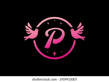Gradient pink color of P initial letter in circle bird design