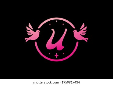 Gradient pink color of U initial letter in circle bird design
