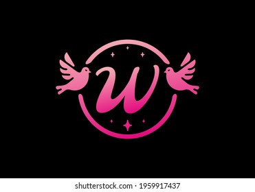 Gradient pink color of W initial letter in circle bird design