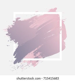 Gradient pink purple strokes with paint brush texture in a white square frame isolated on blue background. Vector illustration for sale banner, logo. Design for premium festive card or poster design.