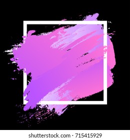 Gradient pink strokes with paint brush texture in a white square frame isolated on black background. Vector illustration for sale banner, logo. Design for premium festive card or poster design.