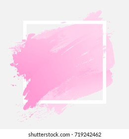 Gradient pink strokes with paint brush texture in a white square frame isolated on white background. Vector illustration for sale banner, logo. Design for premium festive card or poster design.