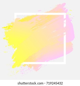 Gradient pink yellow strokes with paint brush texture in a white square frame isolated on white background. Vector illustration for sale banner, logo. Design for premium festive card or poster design.