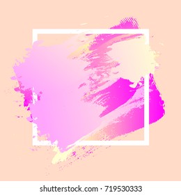 Gradient pink yellow strokes with paint brush texture in a white square frame isolated on pink background. Vector illustration for sale banner, logo. Design for premium festive card or poster design.