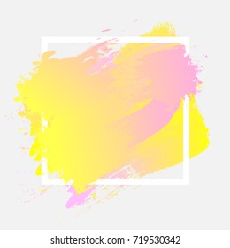 Gradient pink yellow strokes with paint brush texture in a white square frame isolated on white. Vector illustration for sale banner, logo. Design for premium festive card or poster design.