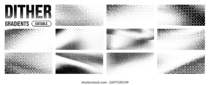 Pontilhamento de bitmap de pixel de gradiente com conjunto de bits de plano de fundo e jogo de padrão grande. Efeito de forma de meio-tom com mosaico de gradação de tom duotônico e vídeo de manchas quadradas. Mistura de arcade retro com pontilhamento geométrico