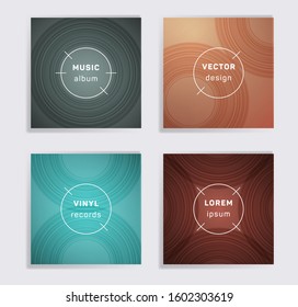 Gradient plate music album covers collection. Semicircle curve lines patterns. Flat plate music records covers, vinyl album mockups. DJ records disc vector mockups. Flyer gradient patterns.