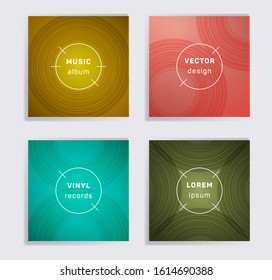 Gradient plate music album covers collection. Semicircle curve lines patterns. Colorful plate music records covers, vinyl album mockups. DJ records disc vector mockups. Posters material design.