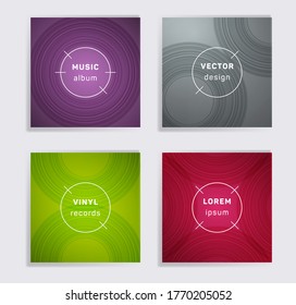 Gradient plate music album covers collection. Semicircle curve lines patterns. Minimalistic plate music records covers, vinyl album mockups. DJ records disc vector mockups. Posters material design.