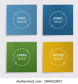Gradient plate music album covers collection. Halftone lines backgrounds. Colorful plate music records covers, vinyl album mockups. DJ records geometric layouts. Banners flyers cards set.