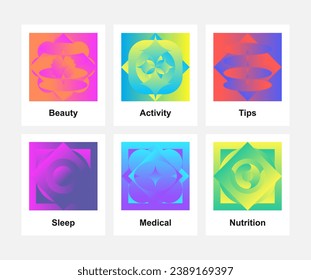 Gradient Playful elements for preview or avatar or posters. Trendy Abstract Elements. Bright abstract in futurism style. Geometry. Modern brutalism style. Bright isolated pack. Vaporwave colors