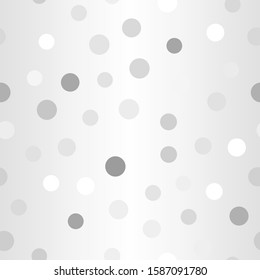 Gradient polka dot pattern. Seamless vector background - gray, silver and white circles of different size on glowing backdrop