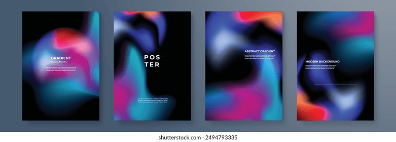 Gradient poster collection with abstract colorful gradient sphere. Glowing vibrant gradient shape on dark background. Design template for flyer, social media, banner, placard. Vector illustration