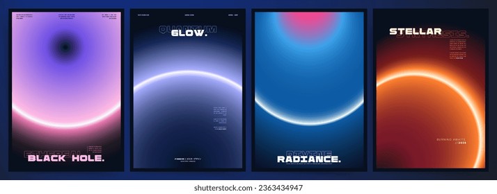 Gradient Poster Templates with Neon Abstract Rings and Futuristic Technology Font in Dark Space Theme. Set of Blur Glow Circular Sci-Fi Visuals.