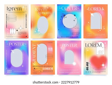 Trendy fluid gradient posters and linear forms   sparkles  Modern minimalist aesthetic print and blank arch frames   stars on colorful blurred gradient background  vector poster template set