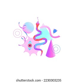 Gradient psychedelic composition of snake, geometric shapes, eye isolated on white background. Contemporary Art. Strange surreal abstract design. Cover of notebook, print on t-shirt, poster, sticker