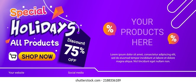 Gradient purple background holidays sale banner design. Design for banners and product presentations. 3d vector illustration.