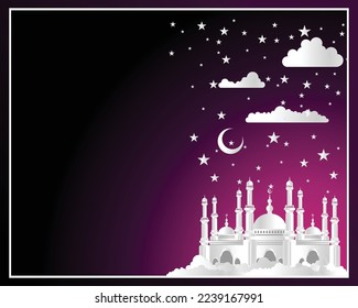 Gradient violett-islamischer Grußkartenhintergrund mit einer Vielzahl von Papier-Moschee-Handwerken.