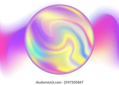 Gradient purple neon light, blur wave form with iridescent pink, yellow smooth holographic magic bubble isolated element, transparent background. Dream glow abstract dynamic watercolor shape.