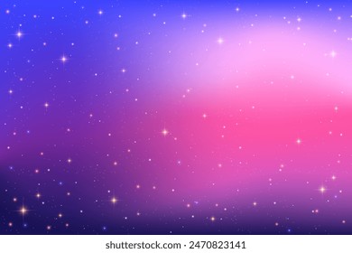 Gradient purple sky background. Pink night space with stars and sparkles. Vector dark galaxy. Fantasy cosmic vibrant color universe. Liquid iridescent outer space with glitter texture