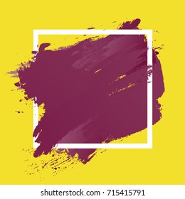 Gradient purple strokes with paint brush texture in a white square frame isolated on yellow background. Vector illustration for sale banner, logo. Design for premium festive card or poster design.