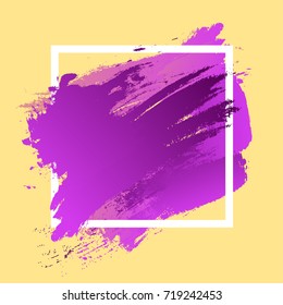 Gradient purple strokes with paint brush texture in a white square frame isolated on yellow background. Vector illustration for sale banner, logo. Design for premium festive card or poster design.