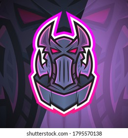 Gradient Purple Violet Color. Red Eye Warrior Knight Demon Head, Mask. Cartoon Logo Mascot illustration. Esport, Team, Game, Asset, Sticker, Print.