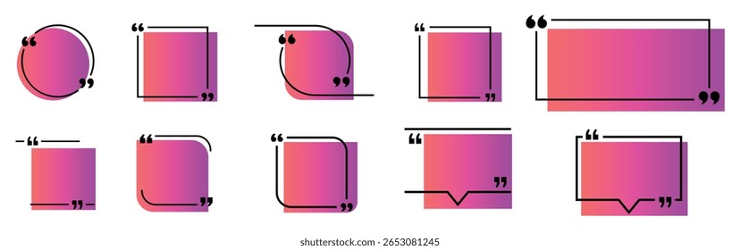 Gradient quote frame icon set with modern speech mark boxes in square, round, and dialog shapes. Qoutes, icons, vector.