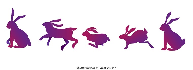 Gradient rabbits set. Abstract creativity and art. Various shapes. Animal and wildlife, zoology and fauna. Template, layout and mock up. Cartoon flat vector collection isolated on white background