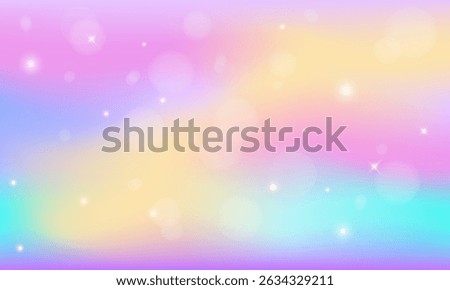 Gradient rainbow background with bokeh and shine stars. Hologram iridescent magical sparkle backdrop.