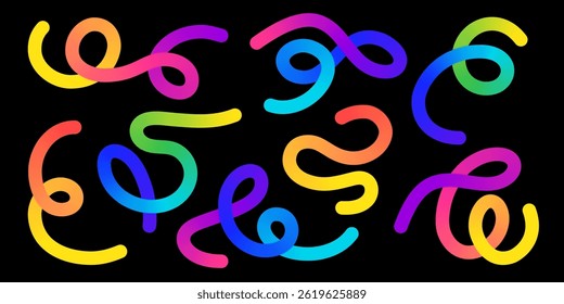Gradient rainbow color organic abstract doodle line shapes. Curved handdrawn style. Decorative pattern designs with playful loop motifs for textured ornamental backdrops.