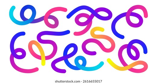 Gradient rainbow colors swirl into organic abstract shapes, forming doodle line art. Curved sketchy style. Decorative patterns fun designs with flowing loops motifs on background ornament texture.