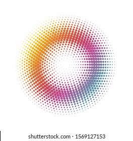 Gradient rainbow multicolored vector circle frame with halftone dots.Abatract retro pop art comic background.