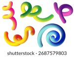 Gradient Rainbow Tubes. Colorful Twists. 3D Sticks and Swirls. 3D spiral lines. Abstract gradient shapes set, colorful liquid elements, modern fluid forms, trendy design elements collection