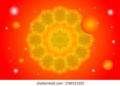 Gradient red background with a flower gold pattern in the center surrounded by bright sparkling stars and planets.